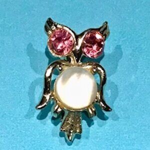 LOwl Lover's lapel pin with Big Pink Rhinestone Eyes and Mother of Pearl Body